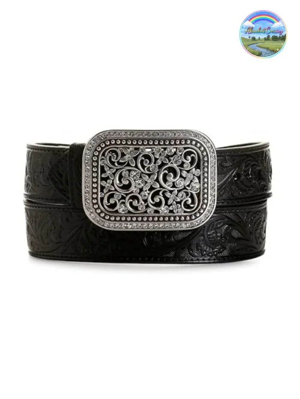Women's Rhinestone Embellished Leather Fashion Belt Silver Buckle